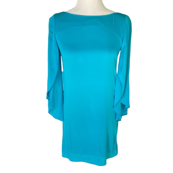 Milly Silk Aqua Blue Green Blue Butterfly Sleeve Scoop Back Column Mini Dress 0 - Picture 4 of 15